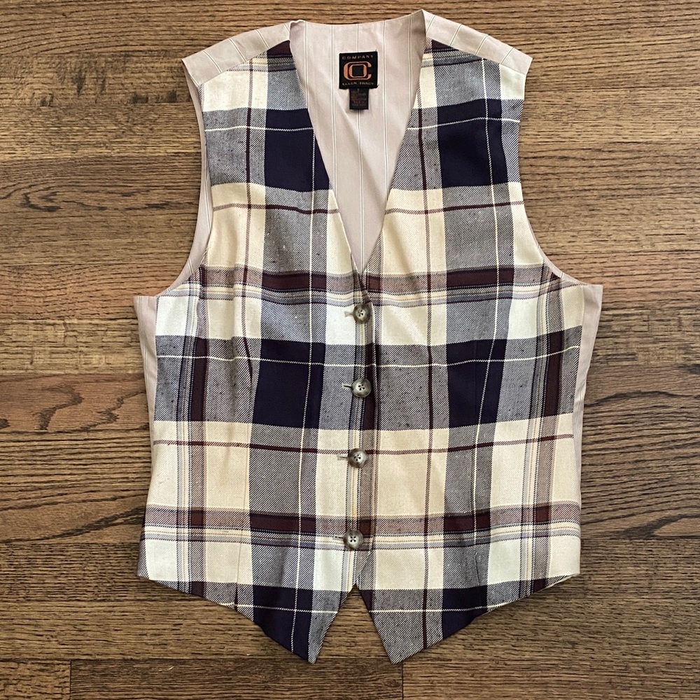 Vintage Ellen Tracy Plaid Vest in Cream, Black & Brown with Stripe Back